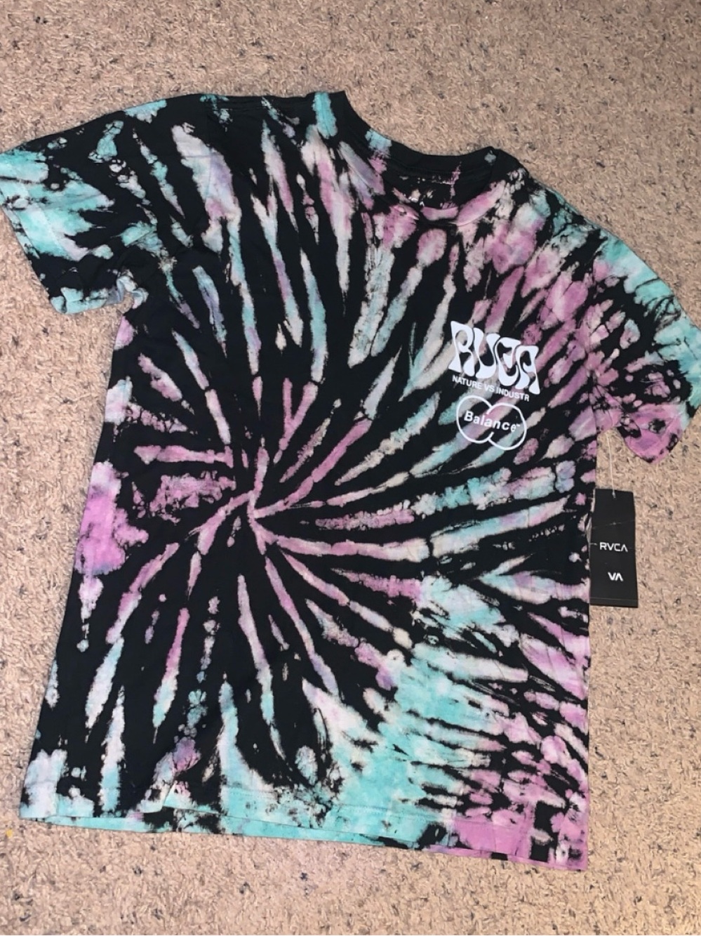 RVCA Black Tie-Dye Tee with Pink & Aqua Swirl